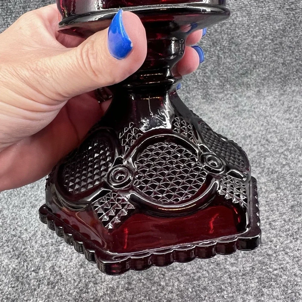 Vintage AVON Ruby Red 1876 Cape Cod Hurricane Lamp Base Candle Holder 4.5
